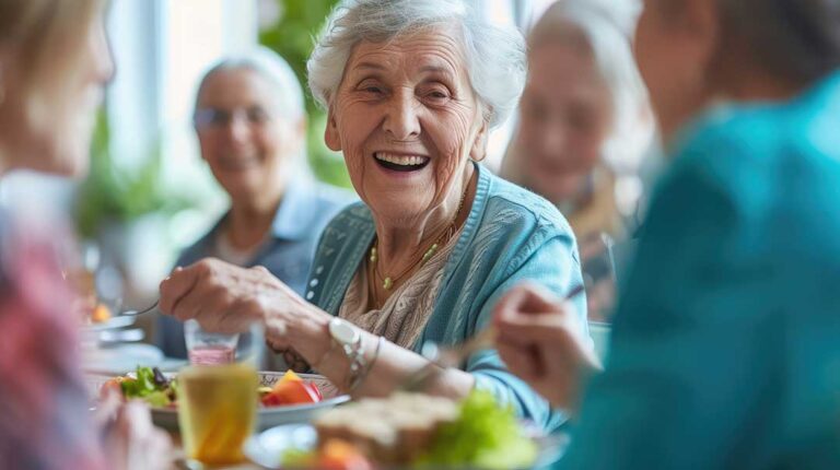 A group of older adults seated in a circle smiling and participating in a music therapy session with a facilitator.